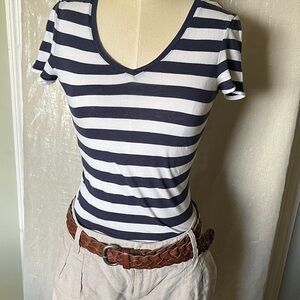 Charlotte Russe Navy and White Striped V-Neck Tee